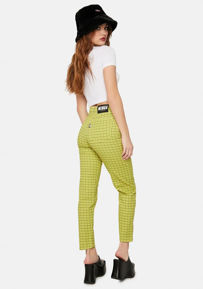 Lime Green Checkered Denim Mom Jeans