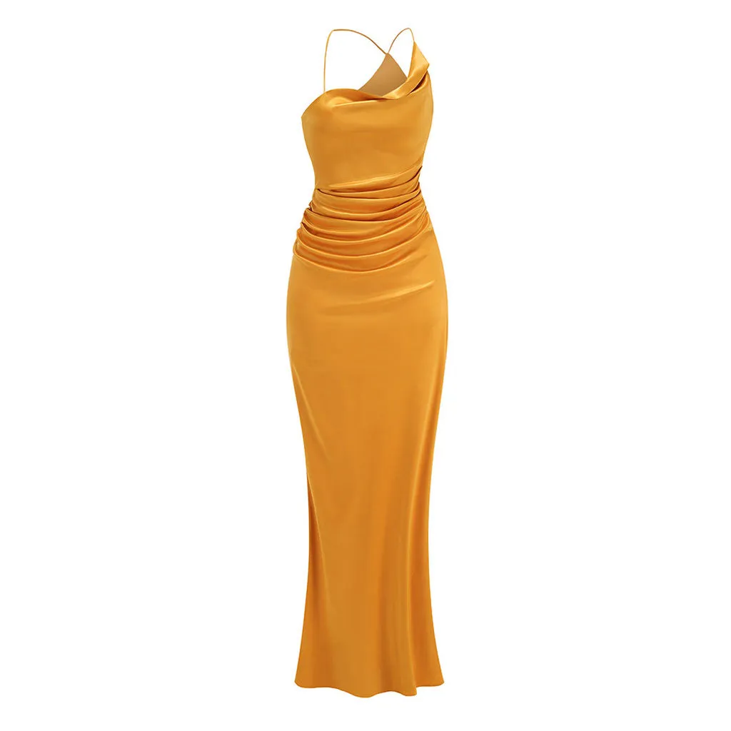 Luxury Draped One Shoulder Gathered Satin Fishtail Maxi Formal Dress