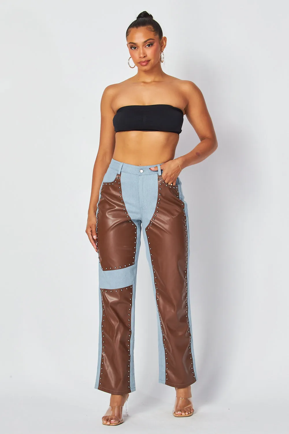 Marjorie Faux Leather Contrast Denim Jeans Pants