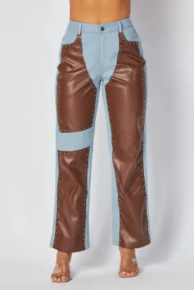 Marjorie Faux Leather Contrast Denim Jeans Pants