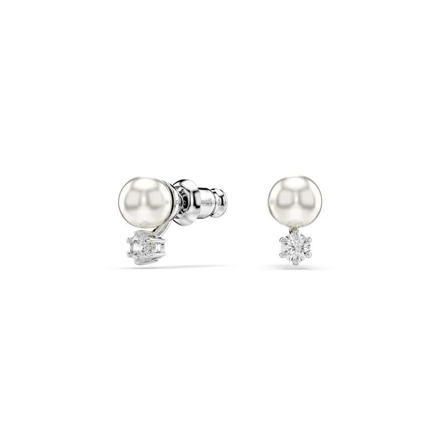 Matrix Rhodium Plated White Crystal Pearl Stud Earrings 5694225