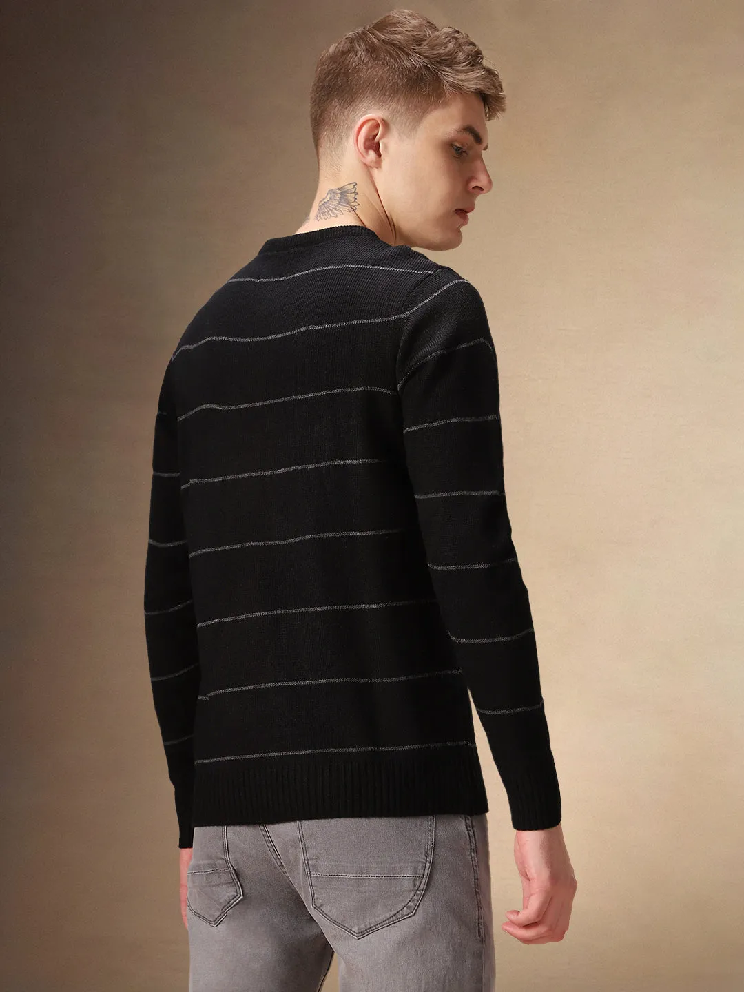 Men's Black Striped Crew Neck Full Sleeves Sweater