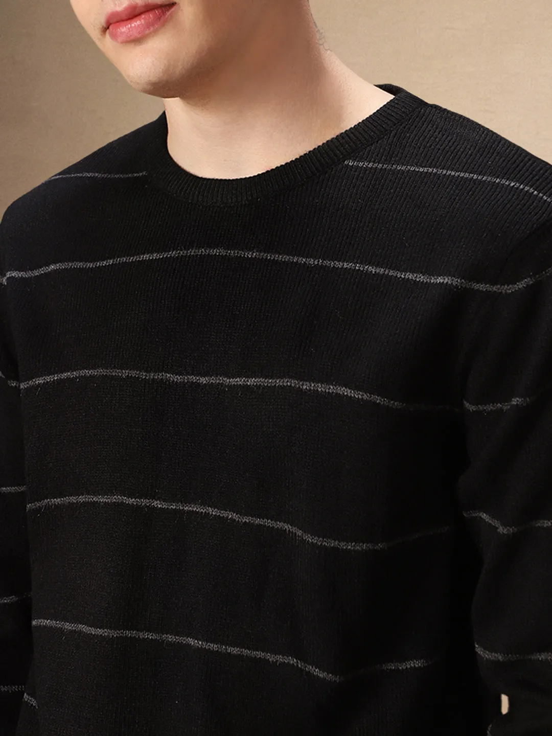 Men's Black Striped Crew Neck Full Sleeves Sweater