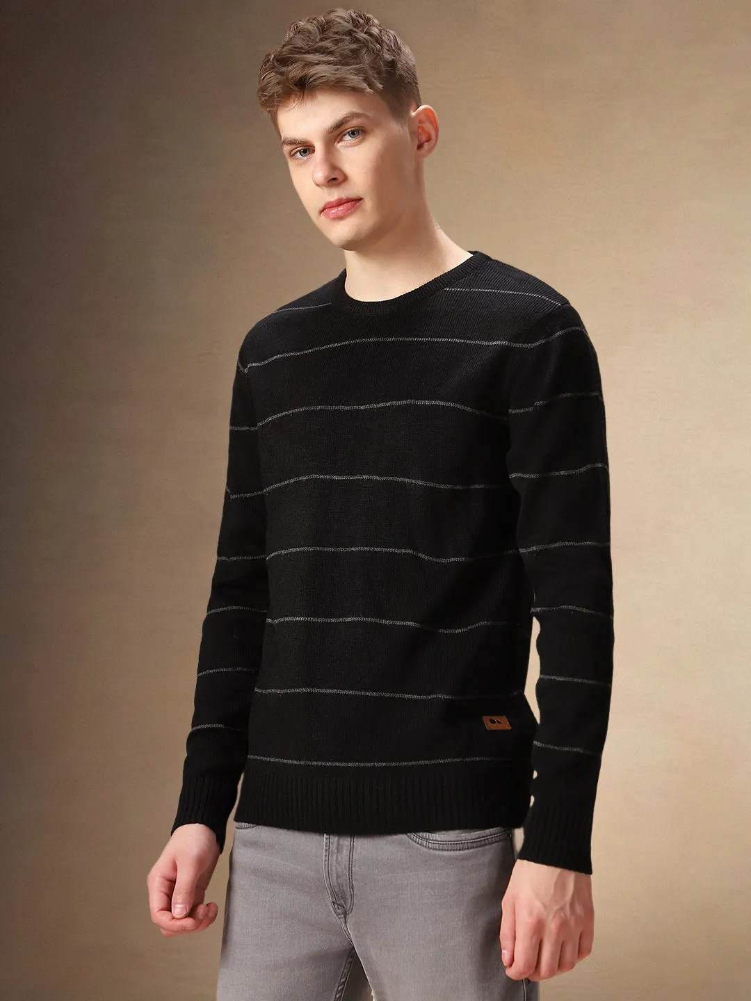 Men's Black Striped Crew Neck Full Sleeves Sweater