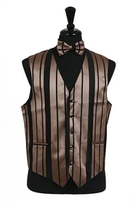 Men's Black/Mocha Striped Vest with Neck Tie and Bow Tie