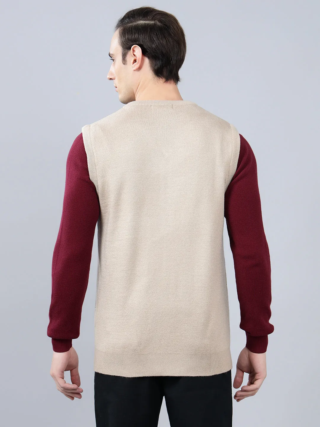 Men's Checked Beige Sleeveless Sweater