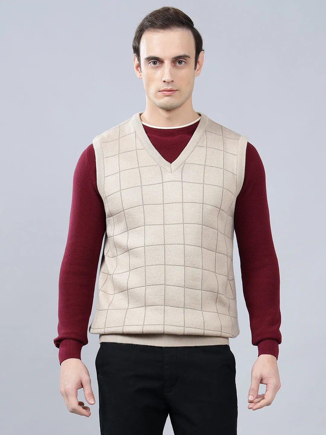 Men's Checked Beige Sleeveless Sweater