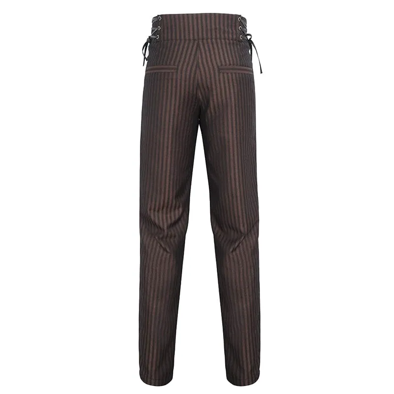 Men's Gothic High-waisted Lace-up Striped Coffee Pants