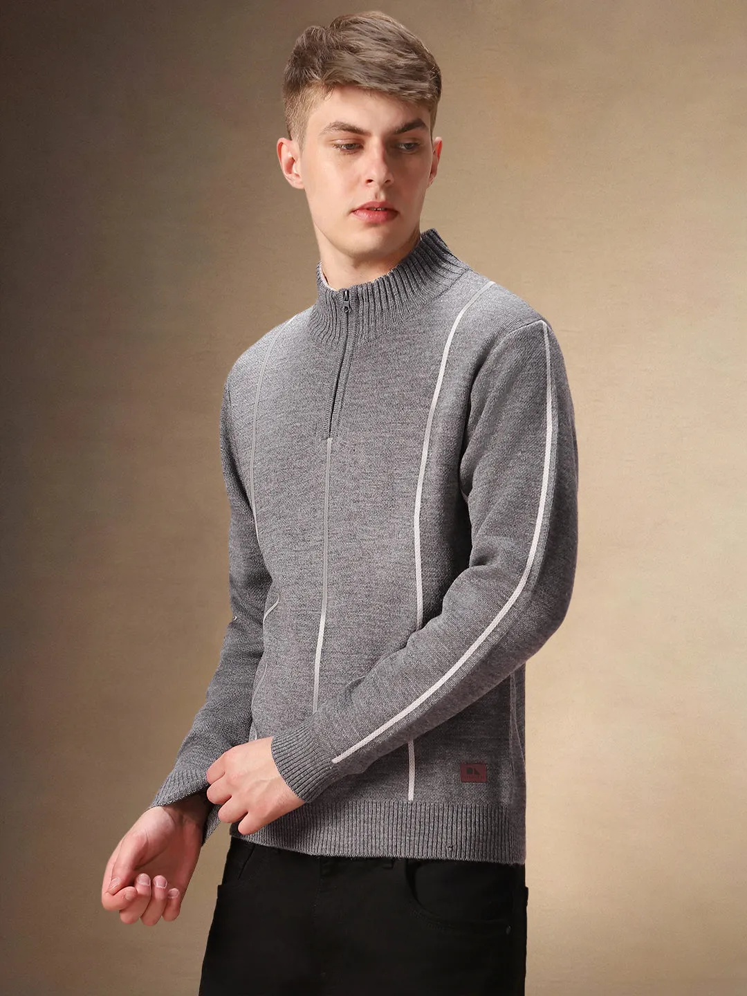 Men's Grey Striped Mock Neck Full Sleeves Pullover Sweater