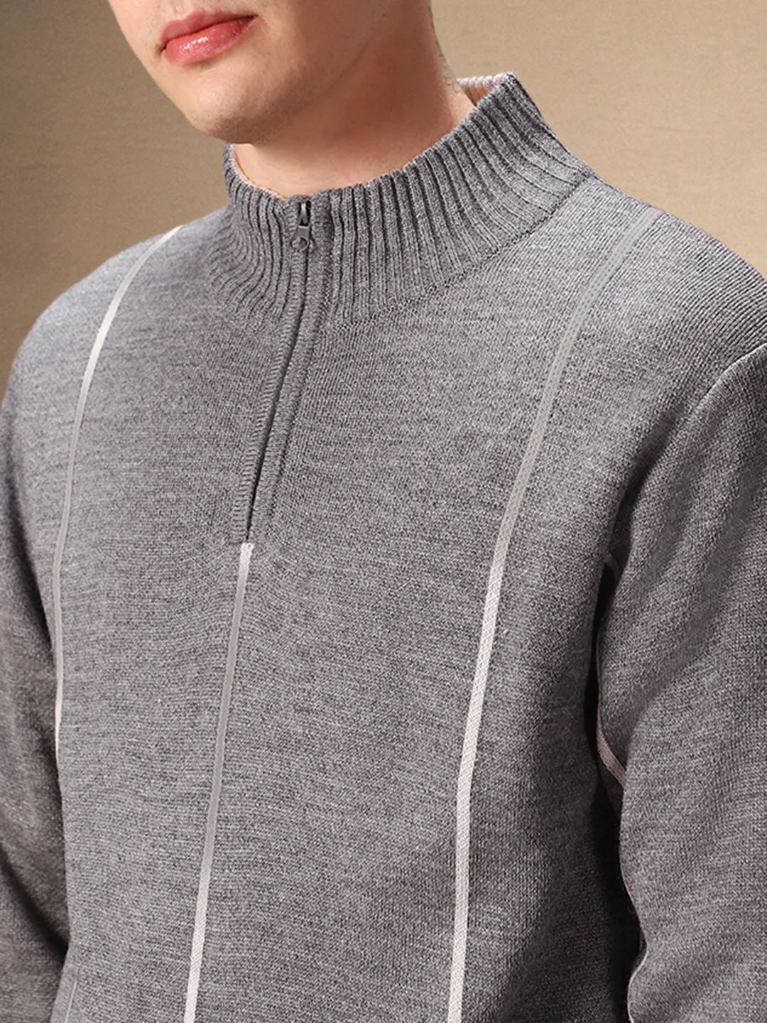 Men's Grey Striped Mock Neck Full Sleeves Pullover Sweater