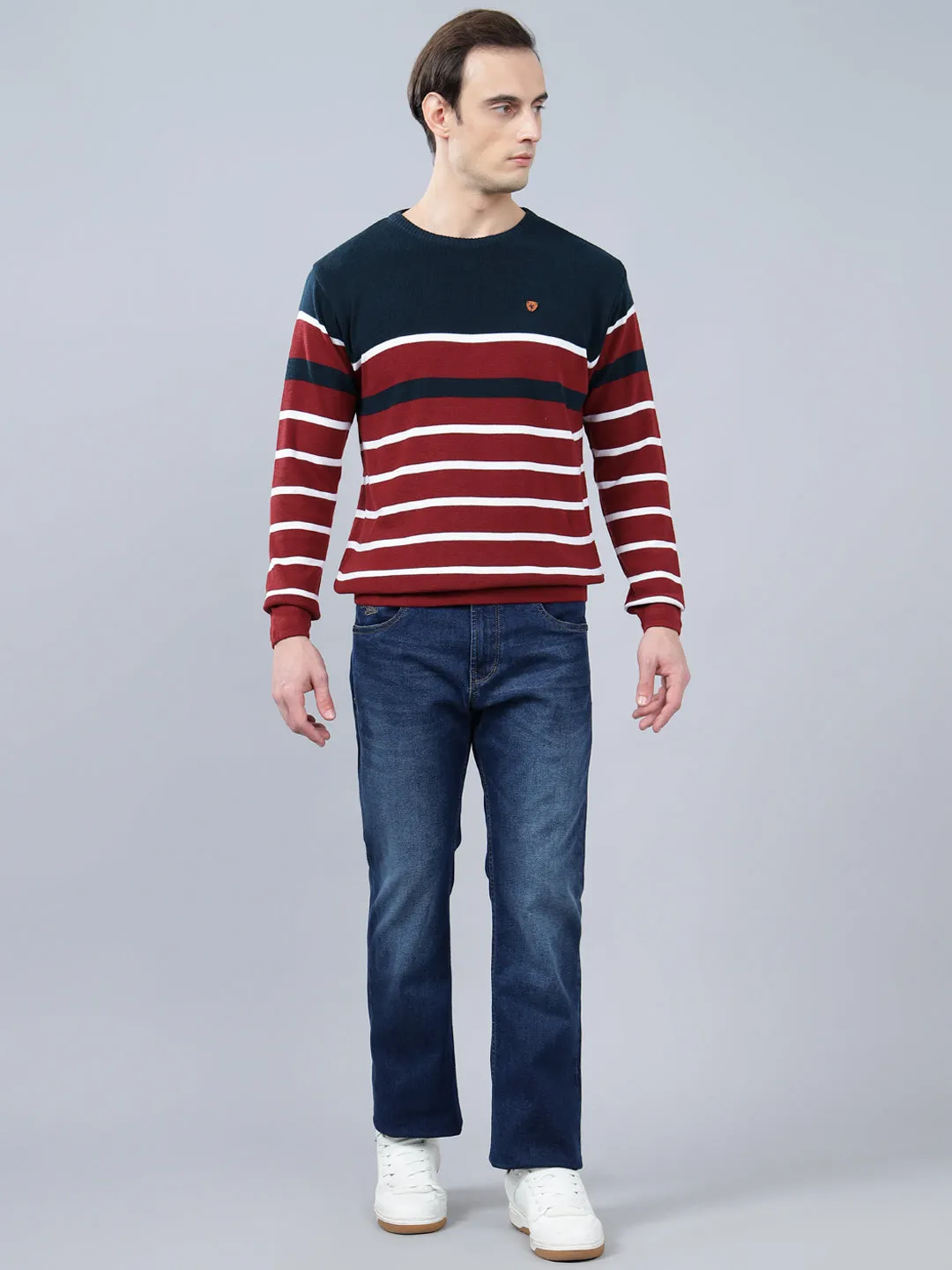 Men's Maroon Striped Full Sleeve Sweater