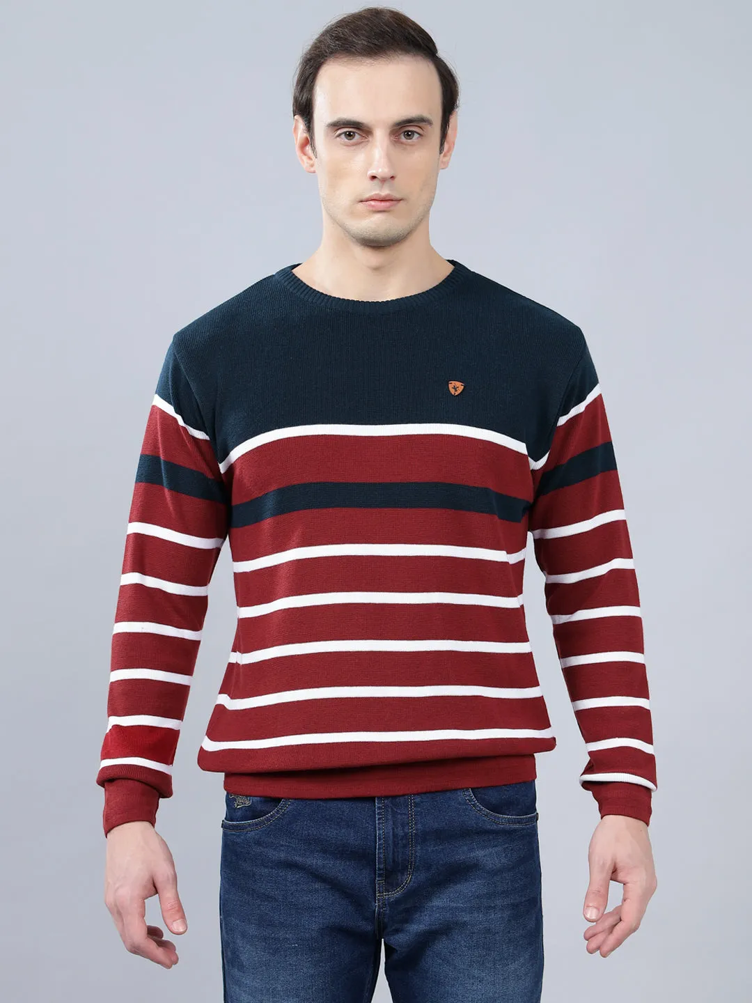 Men's Maroon Striped Full Sleeve Sweater