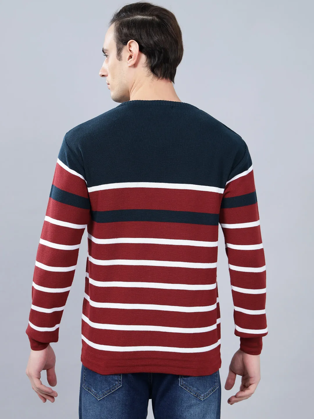 Men's Maroon Striped Full Sleeve Sweater