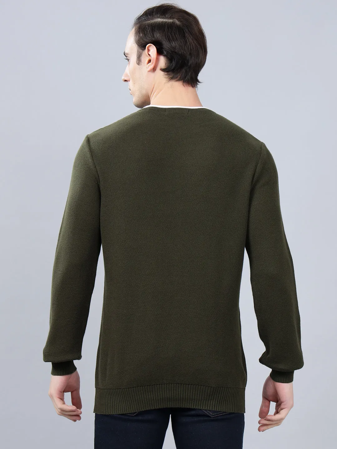 Men's Olive Green Self Design Full Sleeve Sweater