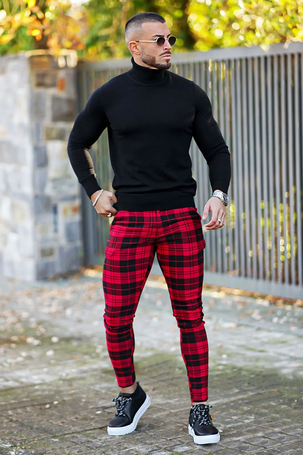 Mens Red And Black Plaid Skinny Pant