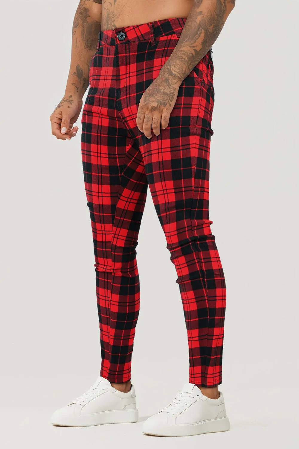 Mens Red And Black Plaid Skinny Pant