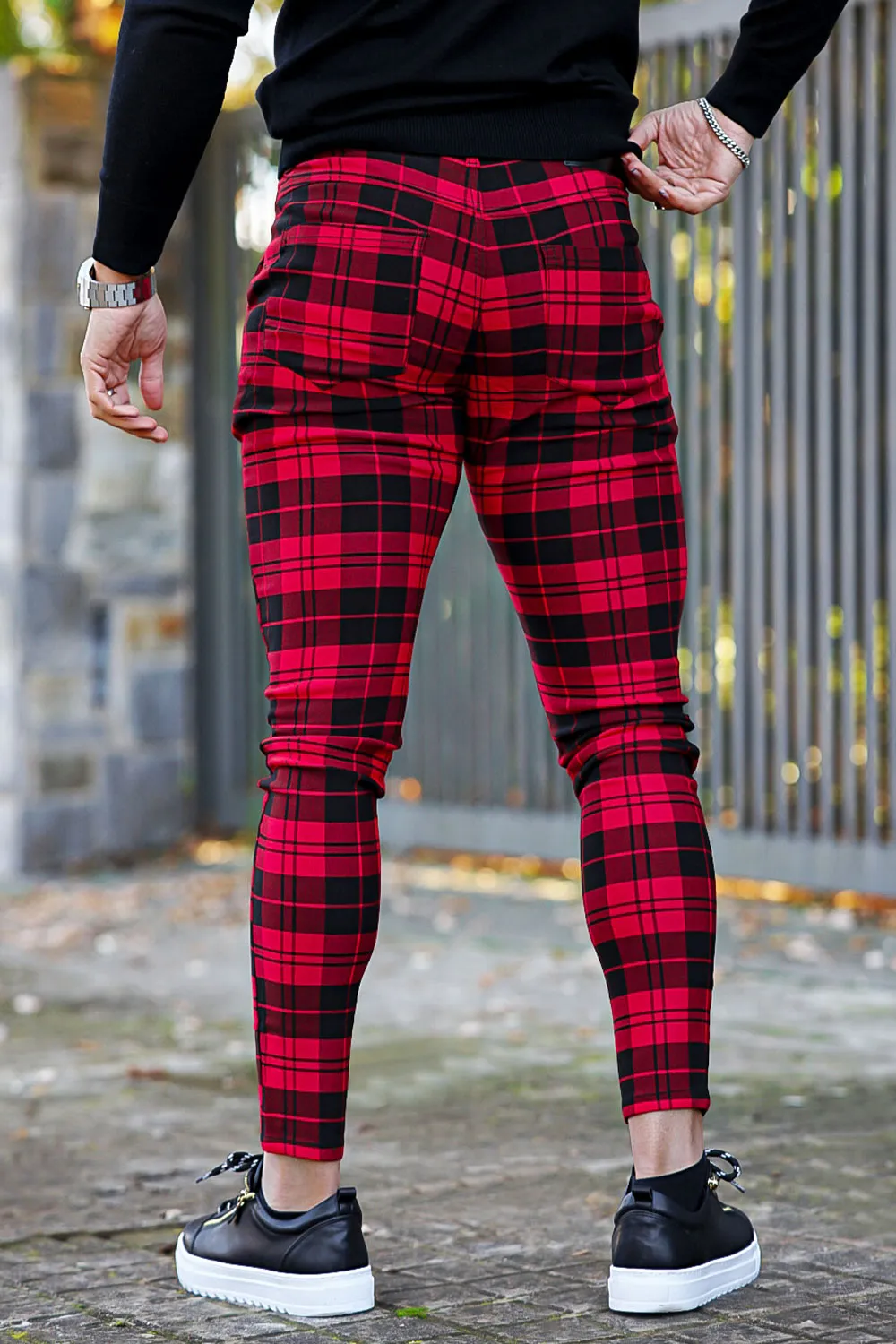 Mens Red And Black Plaid Skinny Pant