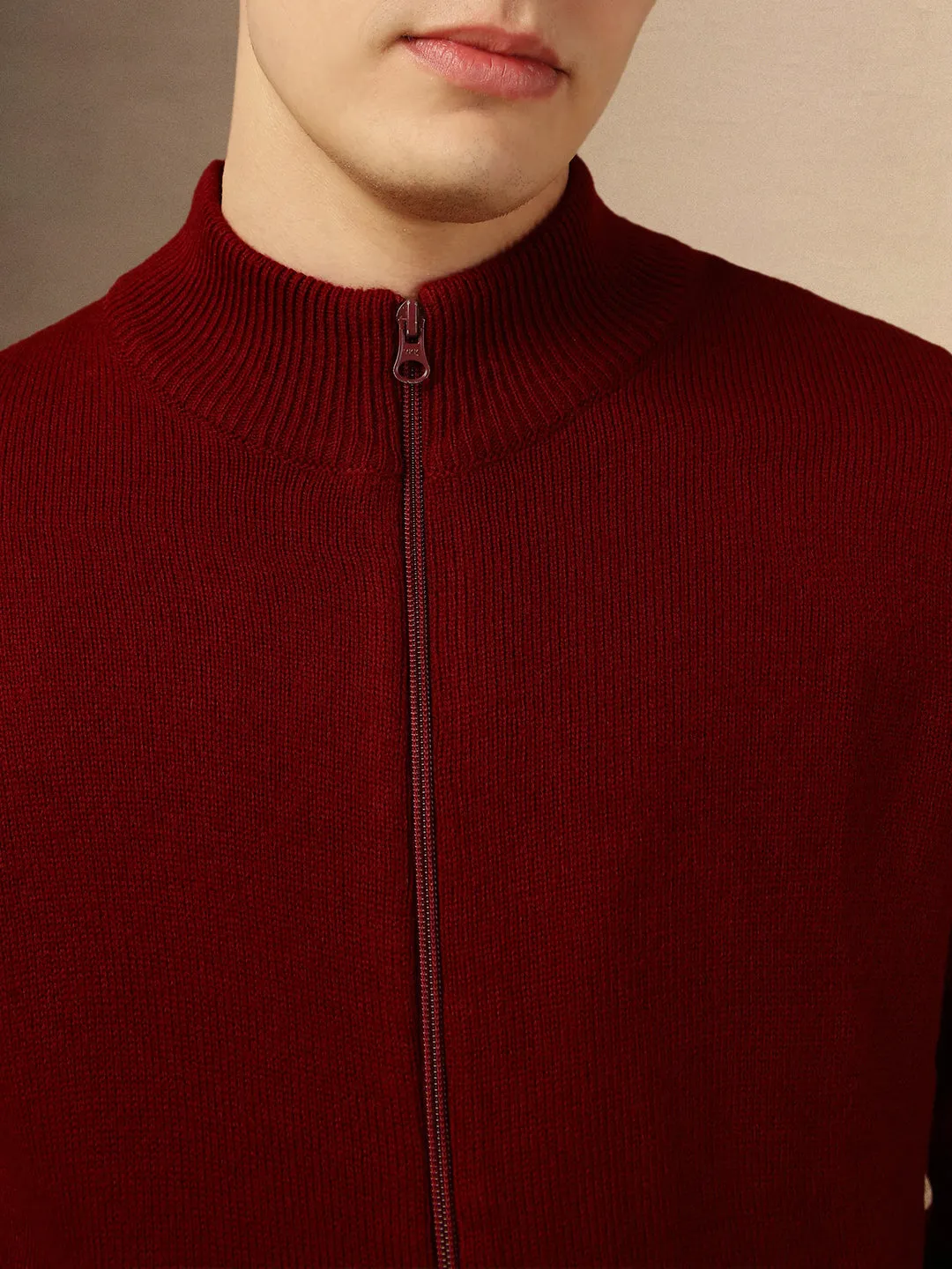 Men's Red Mock Neck Full Sleeves Slim Fit Pullover Sweater