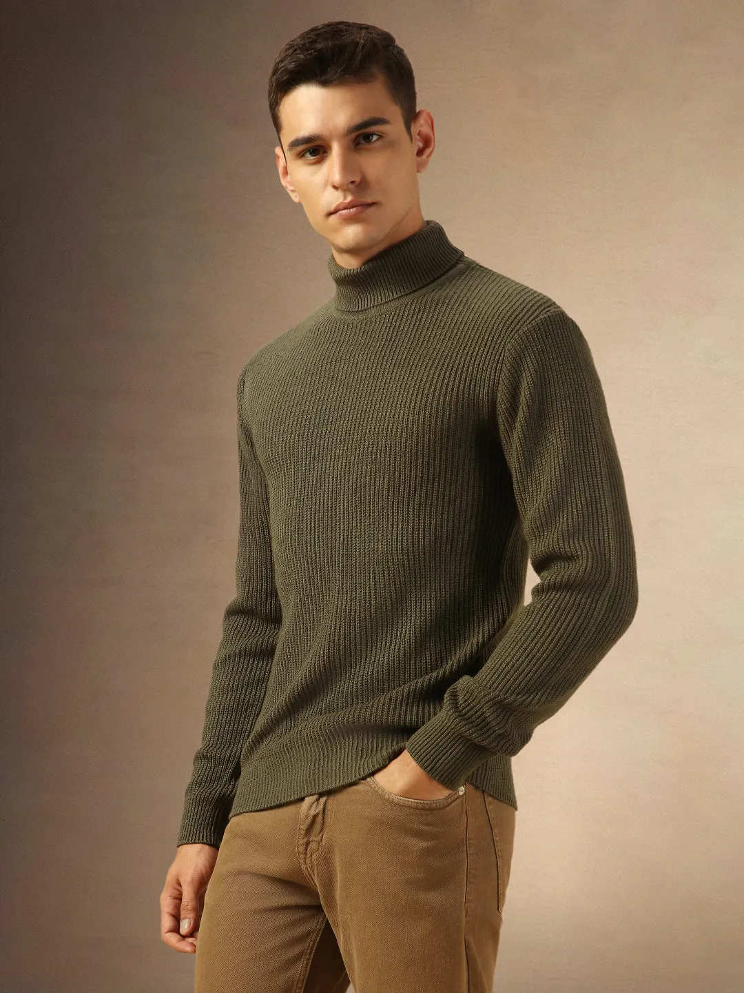 Mne's Olive Turtle Neck Full Sleeves Sweater