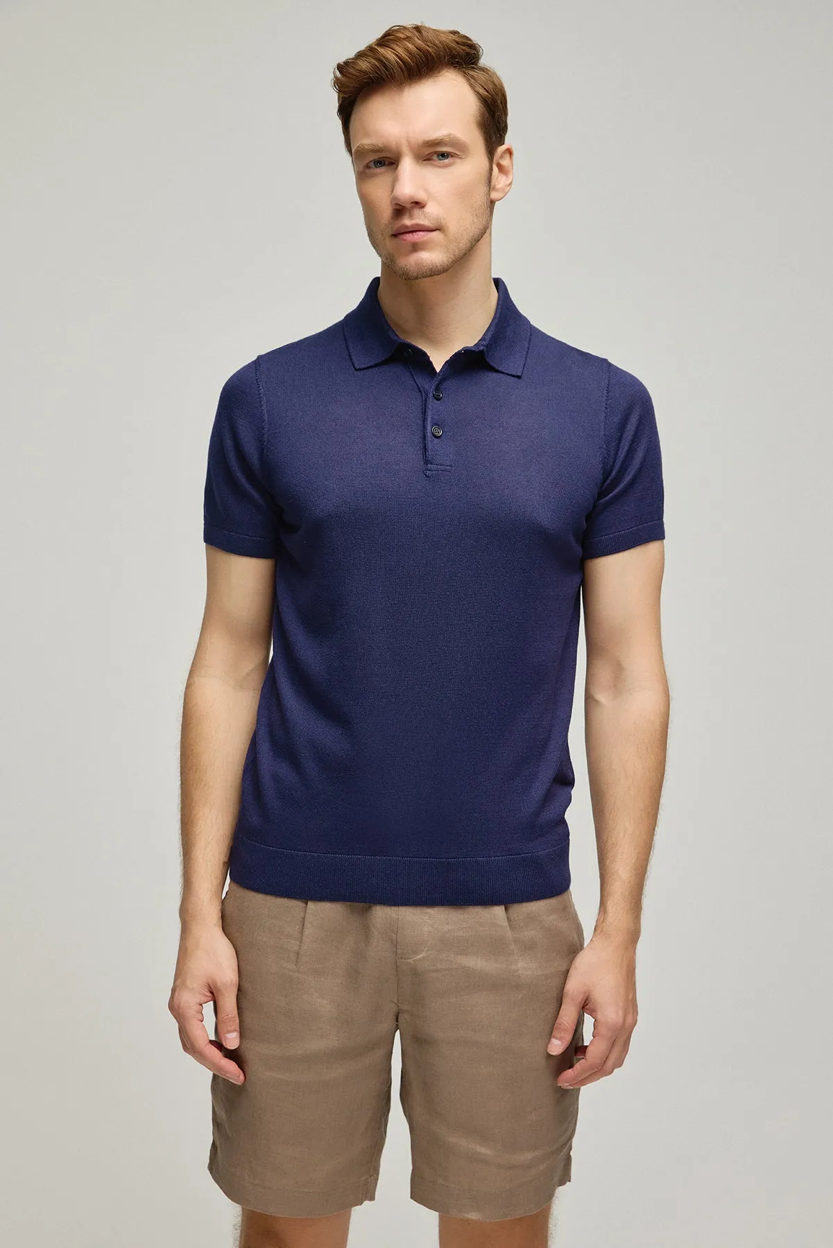 Navy Blue Silk Cashmere Utku Short Sleeve Men's Knitwear Polo