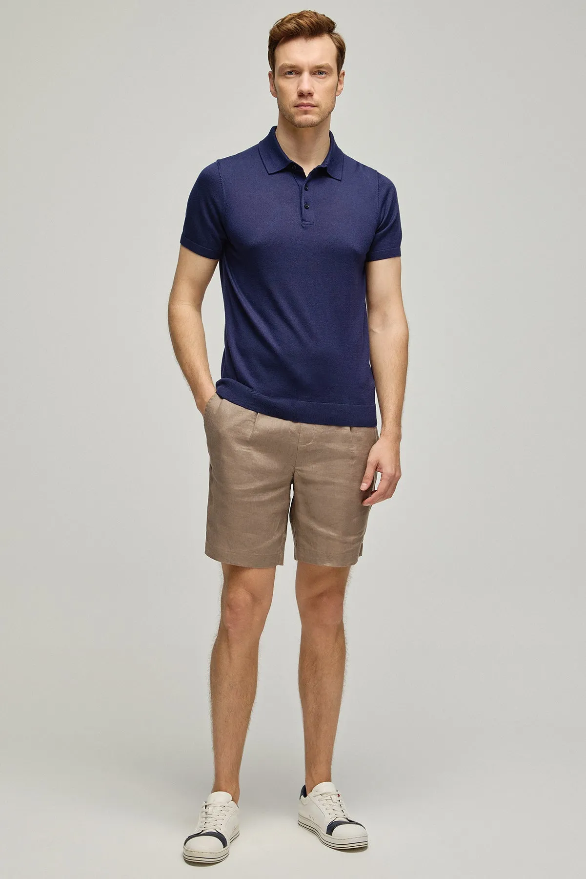 Navy Blue Silk Cashmere Utku Short Sleeve Men's Knitwear Polo