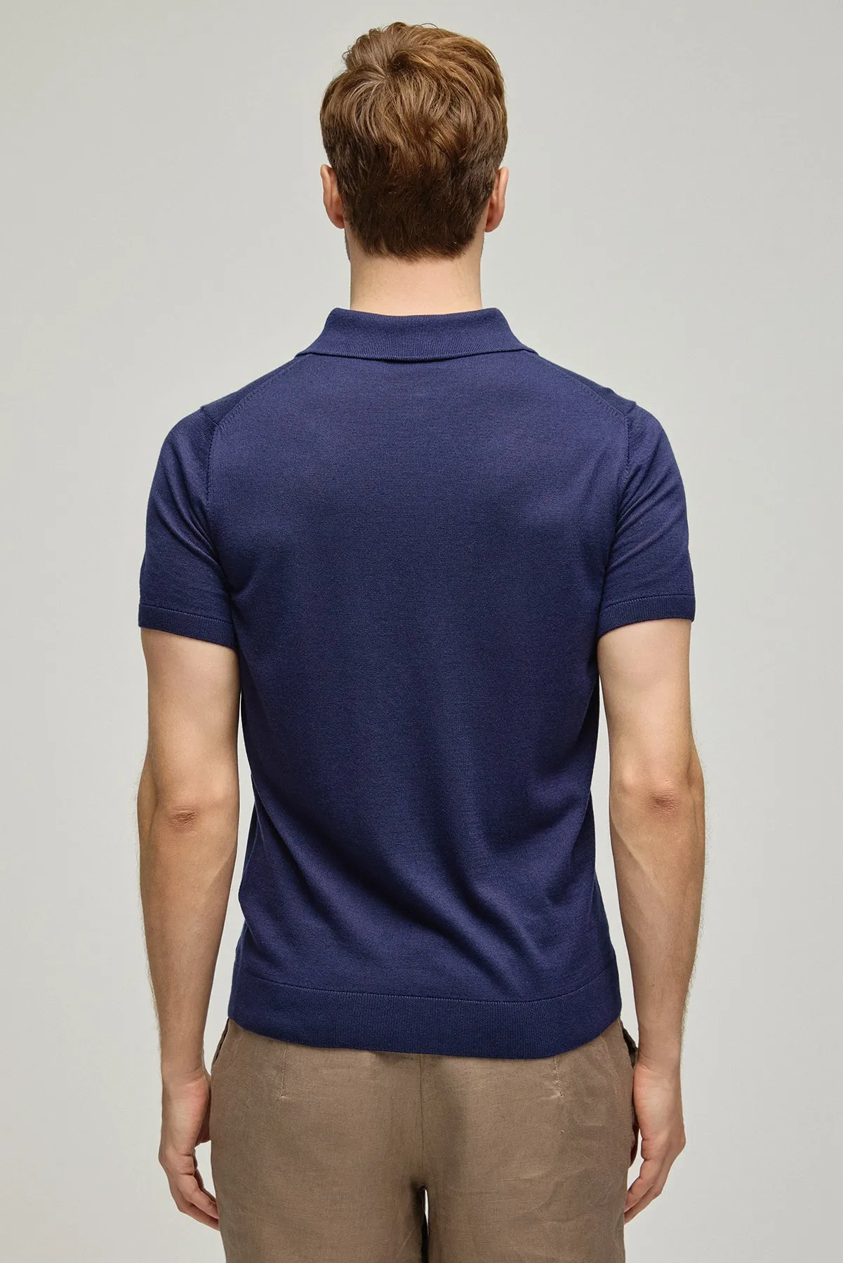 Navy Blue Silk Cashmere Utku Short Sleeve Men's Knitwear Polo