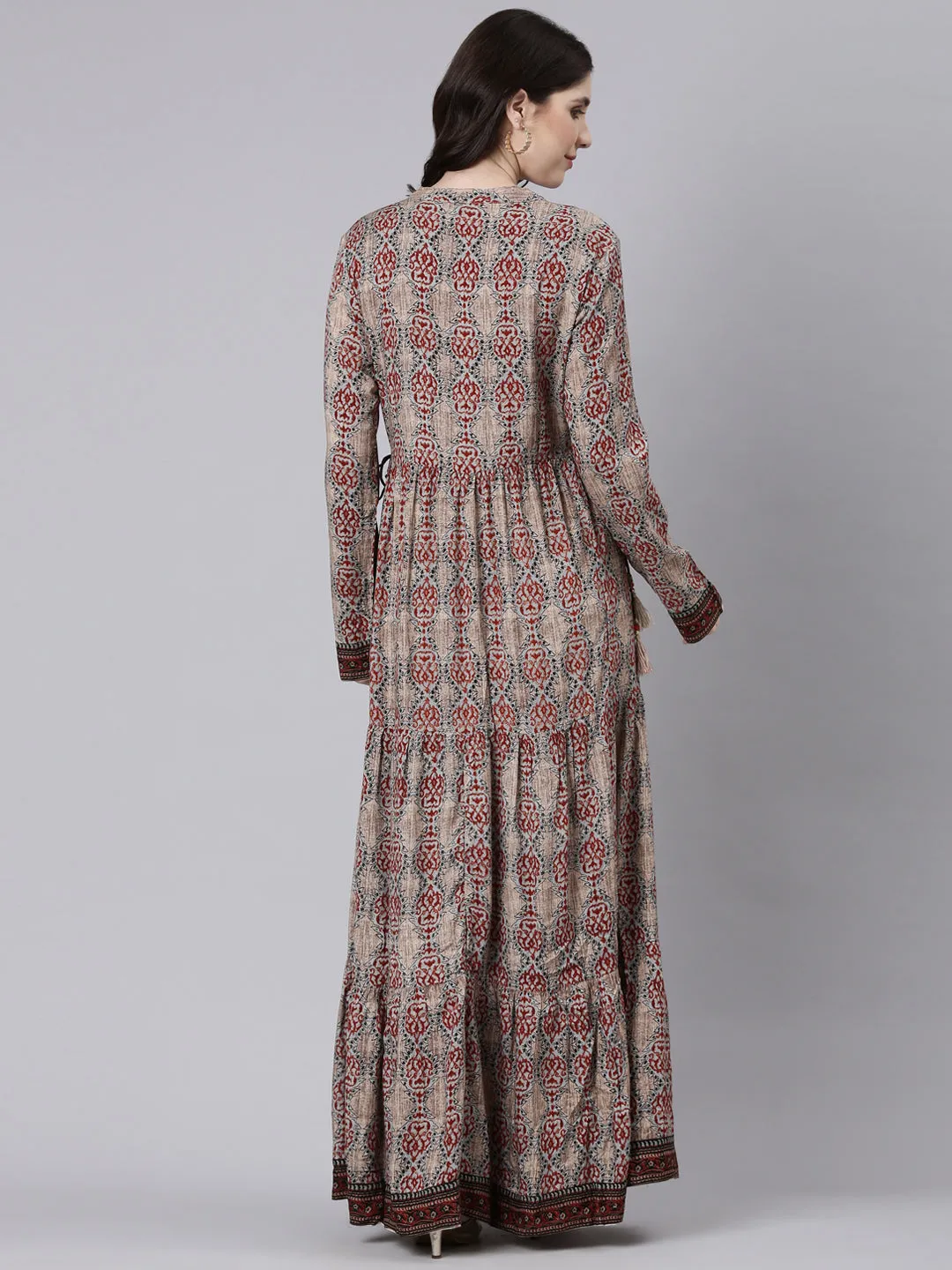 Neeru's Beige Straight Casual Printed Maxi Dresses