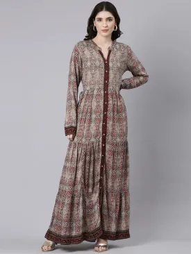 Neeru's Beige Straight Casual Printed Maxi Dresses