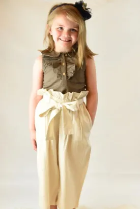 Olive Ruffle Top & Paper-Bag Pants Set