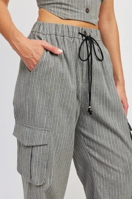 Pinstripe Cargo Pants With Waist Drawstring