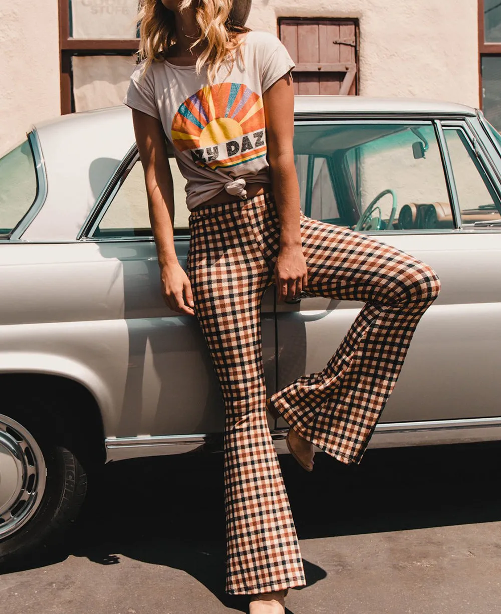 Plaid Bell Bottoms 3 Different Colors Brown Green Or Red Stretch Flare Leggings High Waist Boho Hippie Pants Available In Sizes Small Medium Large And XL