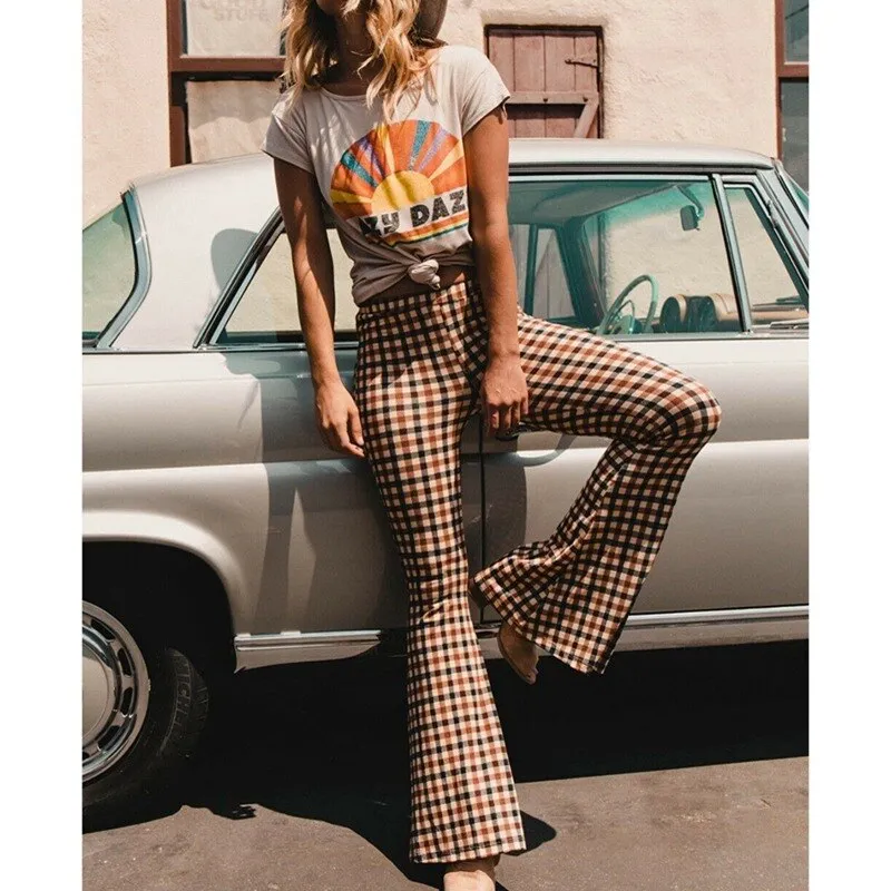 Plaid Bell Bottoms 3 Different Colors Brown Green Or Red Stretch Flare Leggings High Waist Boho Hippie Pants Available In Sizes Small Medium Large And XL