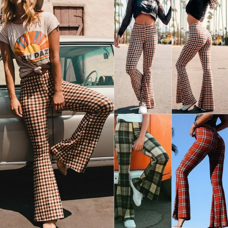 Plaid Bell Bottoms 3 Different Colors Brown Green Or Red Stretch Flare Leggings High Waist Boho Hippie Pants Available In Sizes Small Medium Large And XL