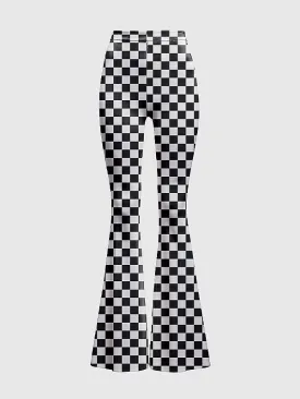 Plus Size Checkered High-Waisted Flare Pants