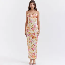 Sexy Lacy Trim Sweetheart Neck Floral Printed Back Split Maxi Satin Slip Dress