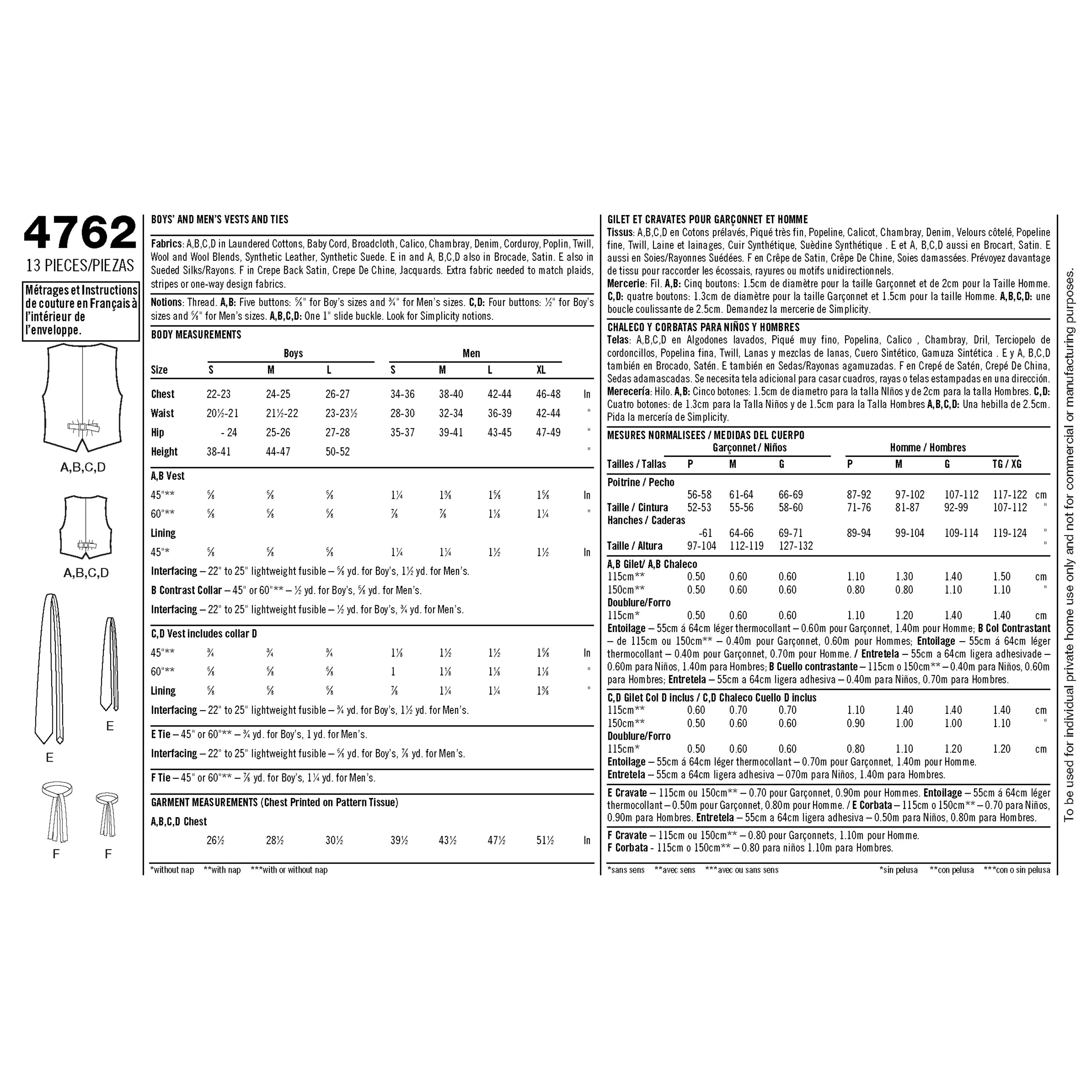 Simplicity Pattern 4762 Boys and Men Vests and Ties