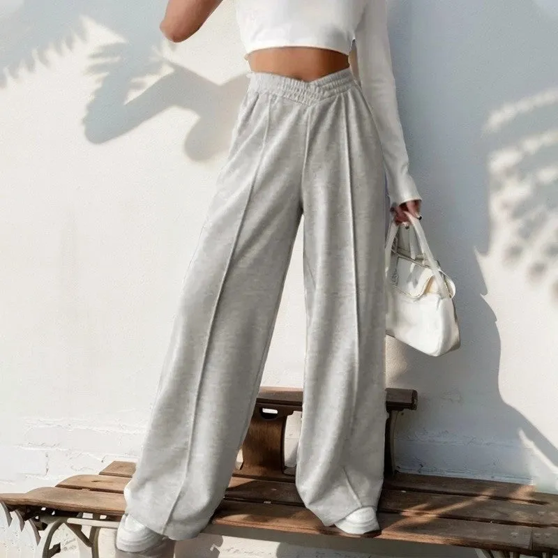 Solid Color Casual Elastic High-Waisted Wide-Leg Pants