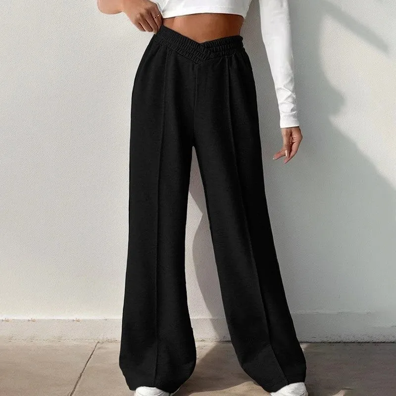 Solid Color Casual Elastic High-Waisted Wide-Leg Pants