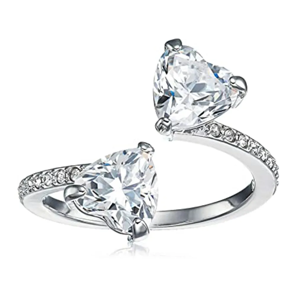 SWAROVSKI Womens Rhodium Finish Clear Crystals Collection Attract Soul Double Heart Ring -SV-5535191