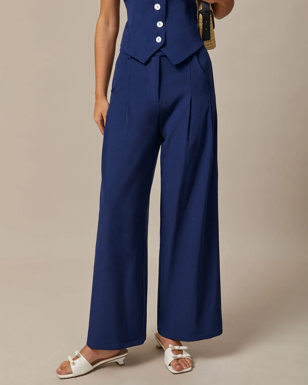 The Navy High Waisted Pockets Straight Pants