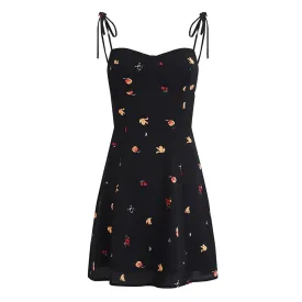 Vintage Sweetheart Neck Tie Strap Pleated Fruit Print Chiffon Mini Sundress