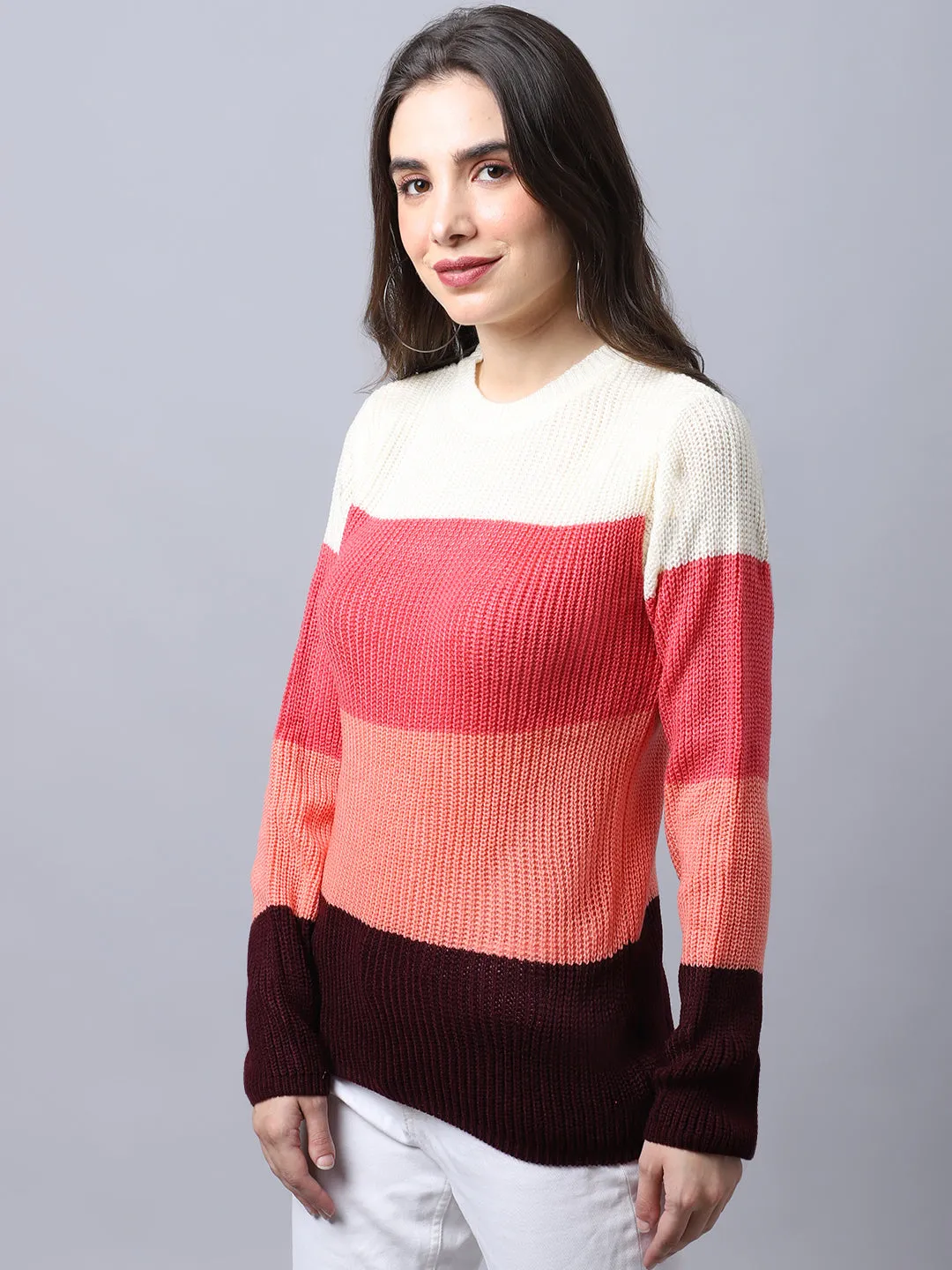 Women's Casual  Pink Round neck Color block Pullover Sweater