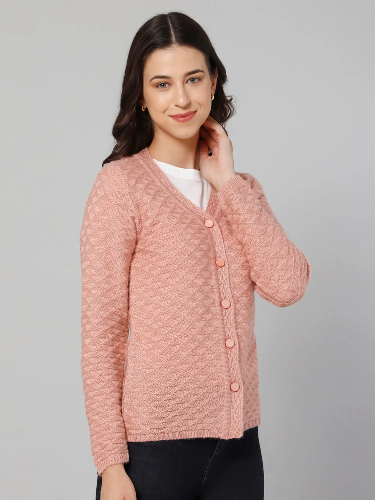 Women's Casual  Pink V neck Cardigan Sweater