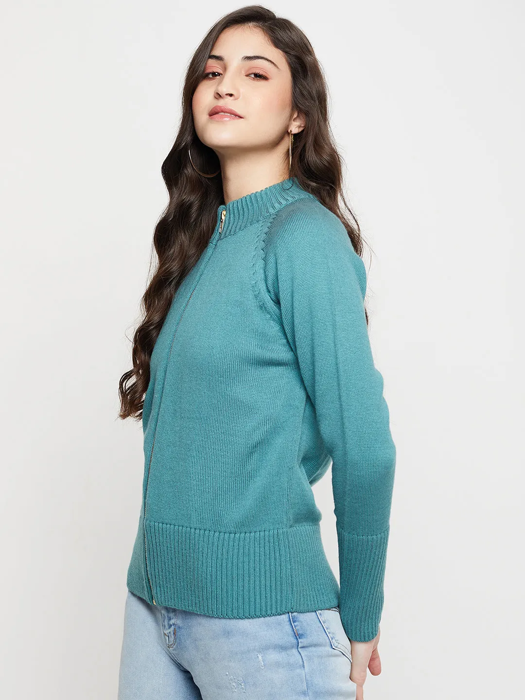 Women's Casual  Teal High neck Zipthru Cardigan Sweater