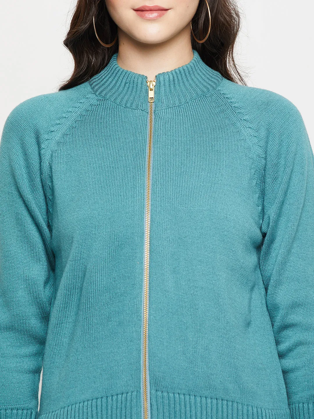 Women's Casual  Teal High neck Zipthru Cardigan Sweater