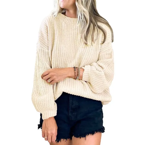 Womens Pullover Sweaters Lantern Sleeve Knit Sweaters