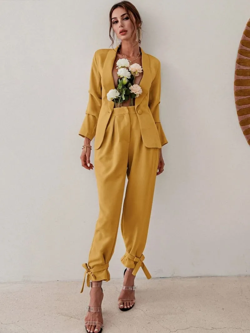 Yellow High Waisted Ankle Tie Pants & Blazer Set