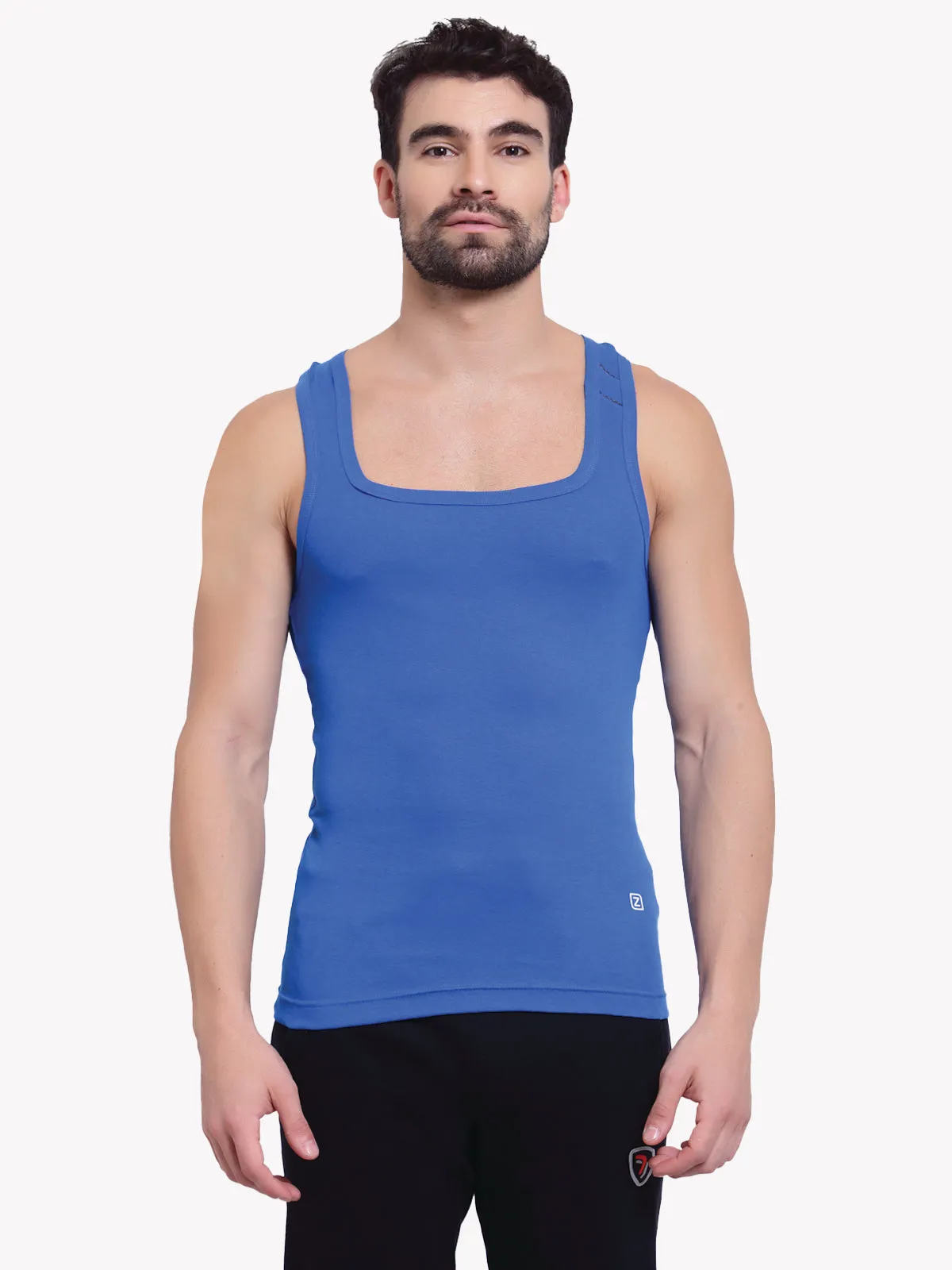 Zoiro Men's Cotton Sports Gym Vest (Pack 2) - Dark Denim Jaspe   Sky Diver