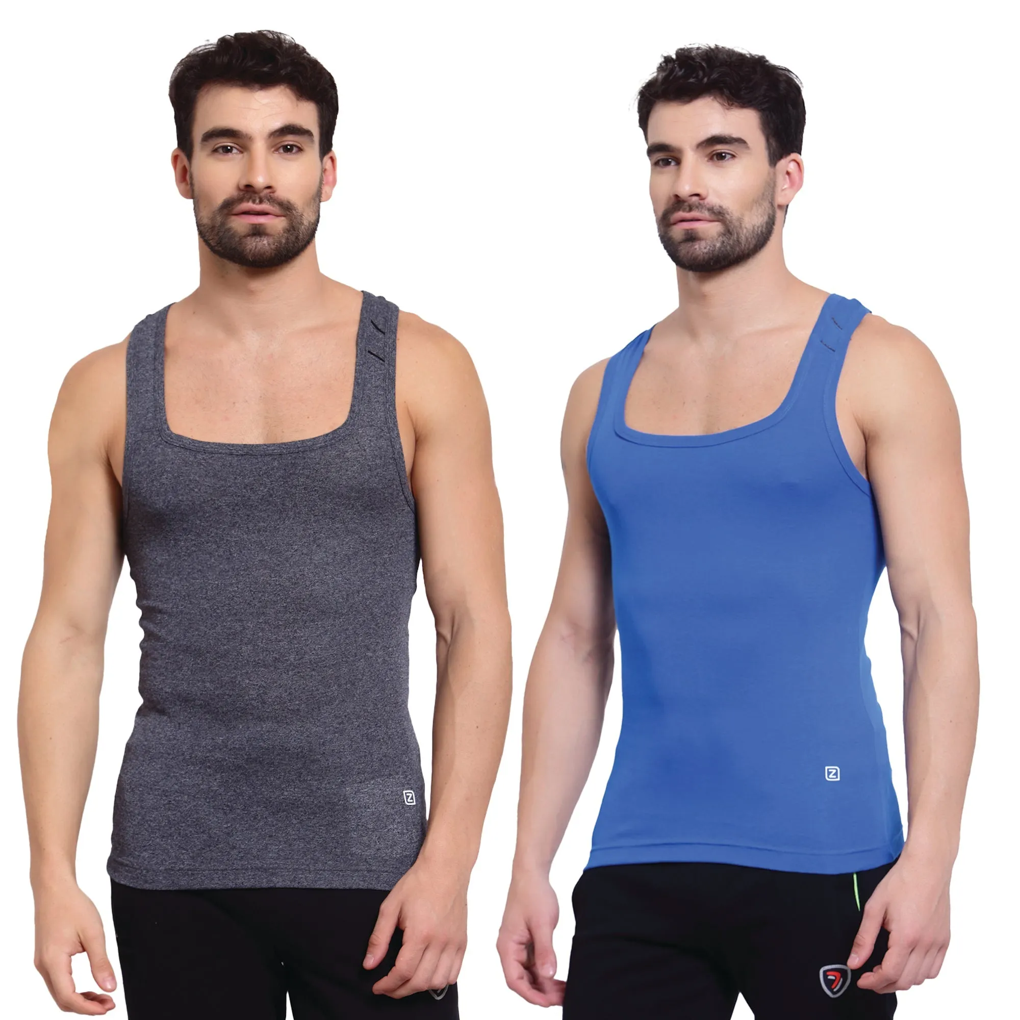 Zoiro Men's Cotton Sports Gym Vest (Pack 2) - Dark Denim Jaspe   Sky Diver