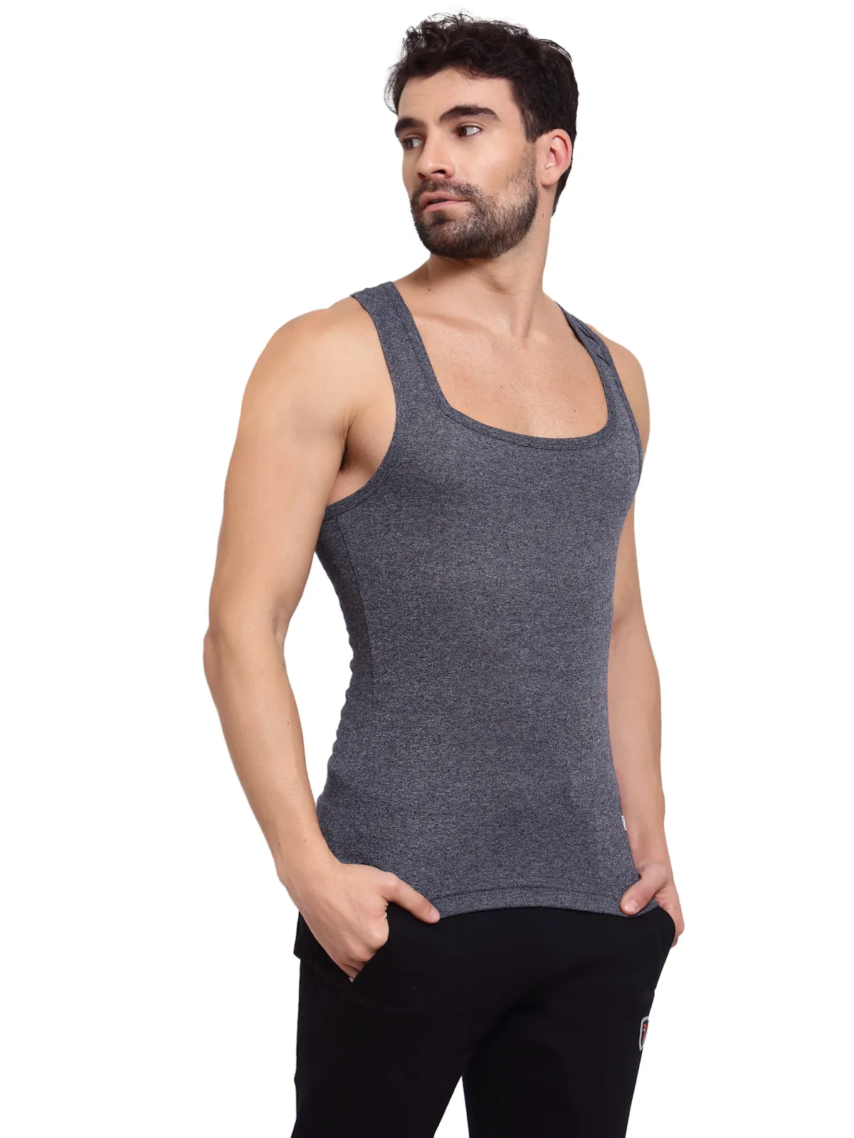 Zoiro Men's Cotton Sports Gym Vest (Pack 2) - Dark Denim Jaspe   Sky Diver